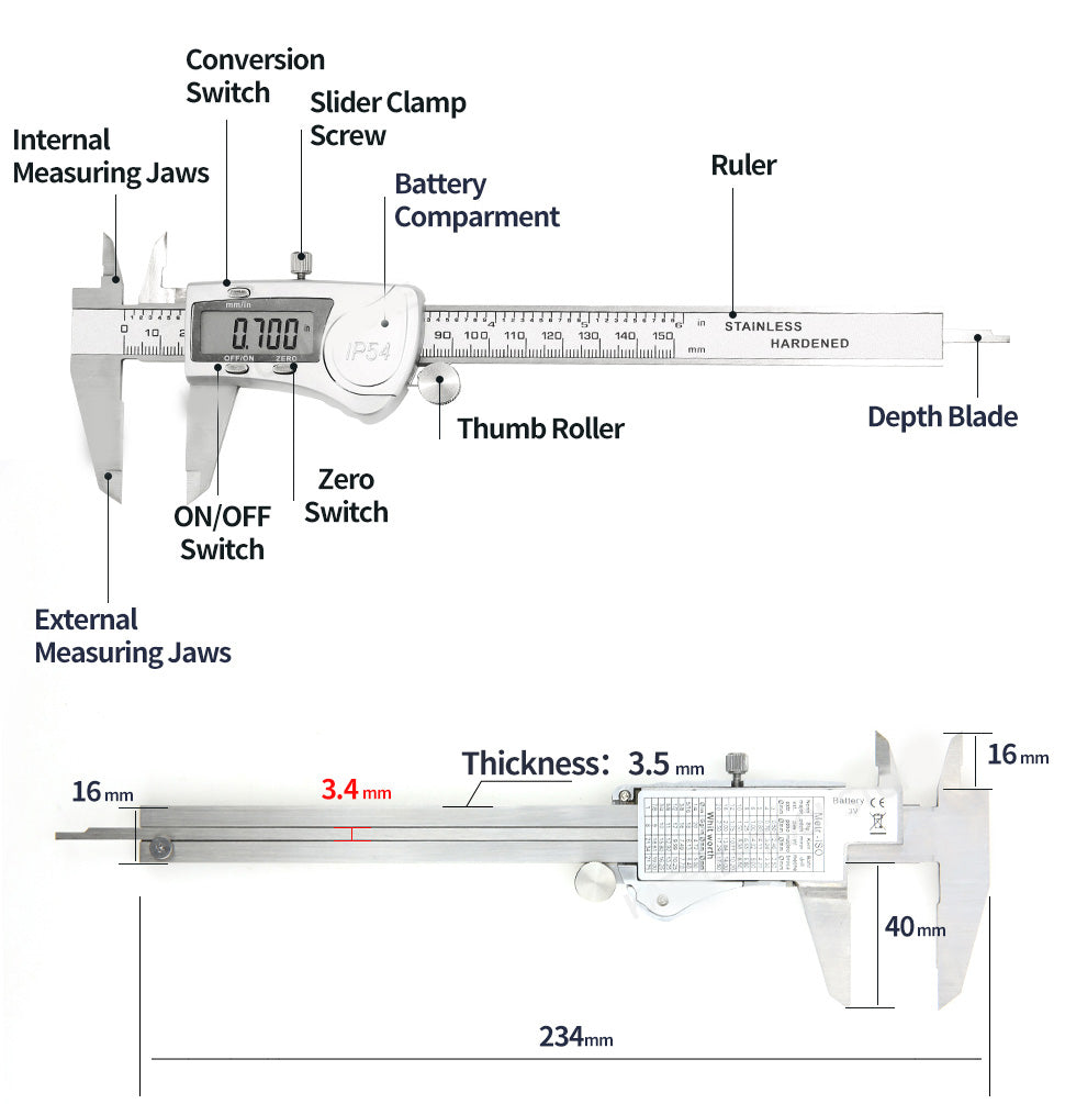 Electronic Digital Display Digital Vernier Caliper 0-150 Stainless Steel Waterproof Industrial High-precision Measuring Tool