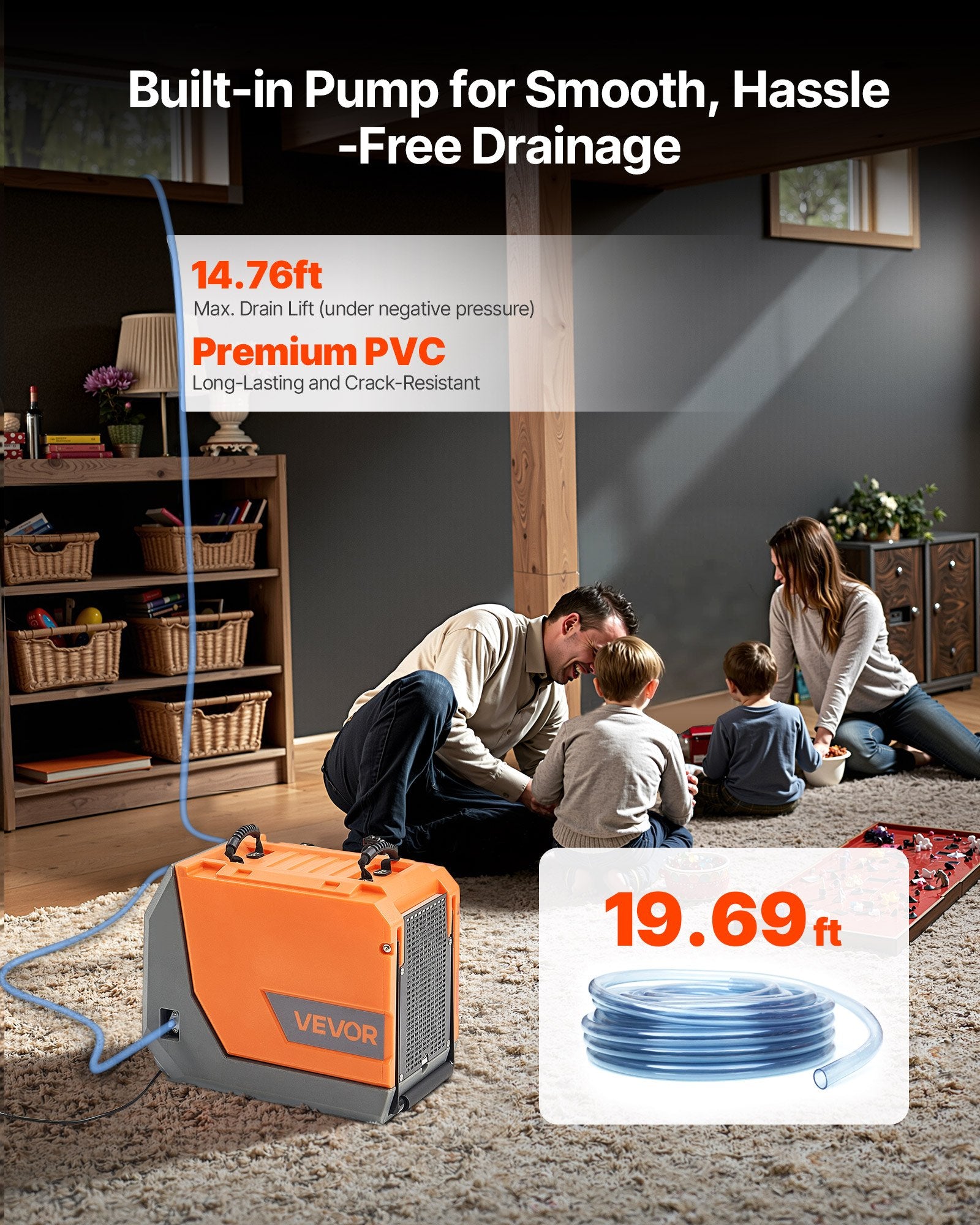 180 Pints Commercial Dehumidifier With Pump/Drain Hoses, Portable Crawl Space Dehumidifiers For Basement Storage Room Industrial Grade, Auto Defrost, Heavy-duty LLDPE,Foldable Handle
