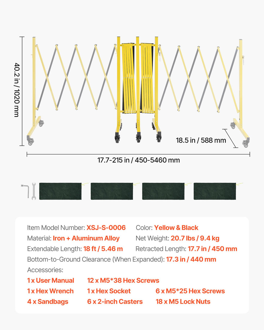 Double Expandable Barricades, 18FT Industrial Safety Barriers, Flexible Mobile Barricade With Locking Casters, Portable Folding Security Gate Metal Traffic Fence For Driveway Warehouse Elevator