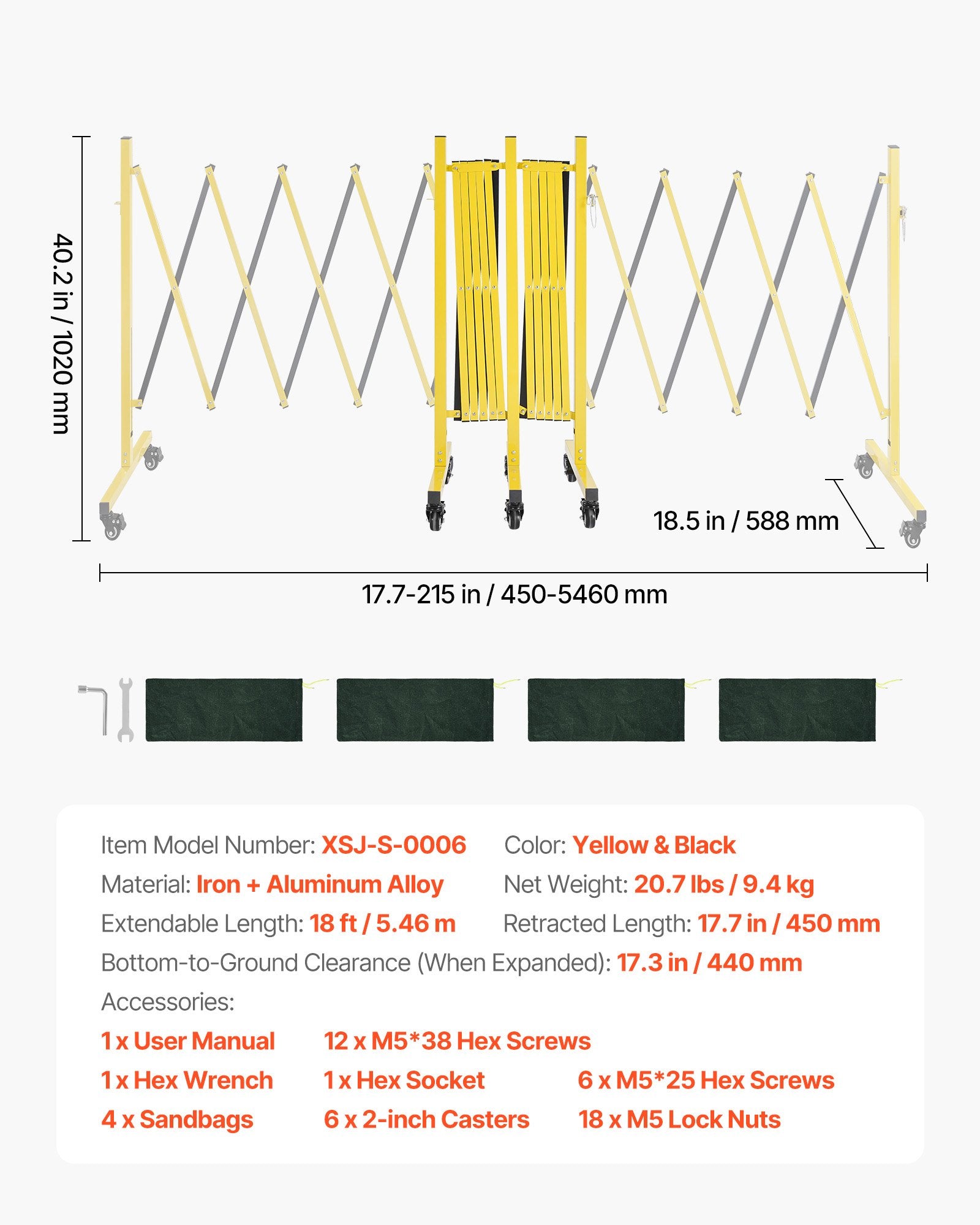 Double Expandable Barricades, 18FT Industrial Safety Barriers, Flexible Mobile Barricade With Locking Casters, Portable Folding Security Gate Metal Traffic Fence For Driveway Warehouse Elevator