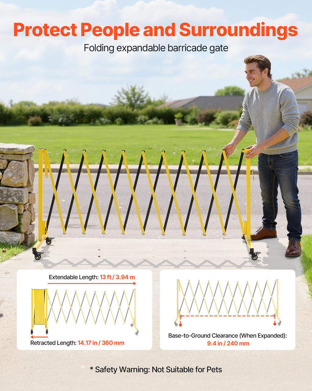 Industrial Expandable Barricade, 13FT Expandable Safety Barrier, Flaxible Mobile Barricade With Locking Casters, Portable Folding Security Gate Traffic Fence For Driveway Warehouse Elevator