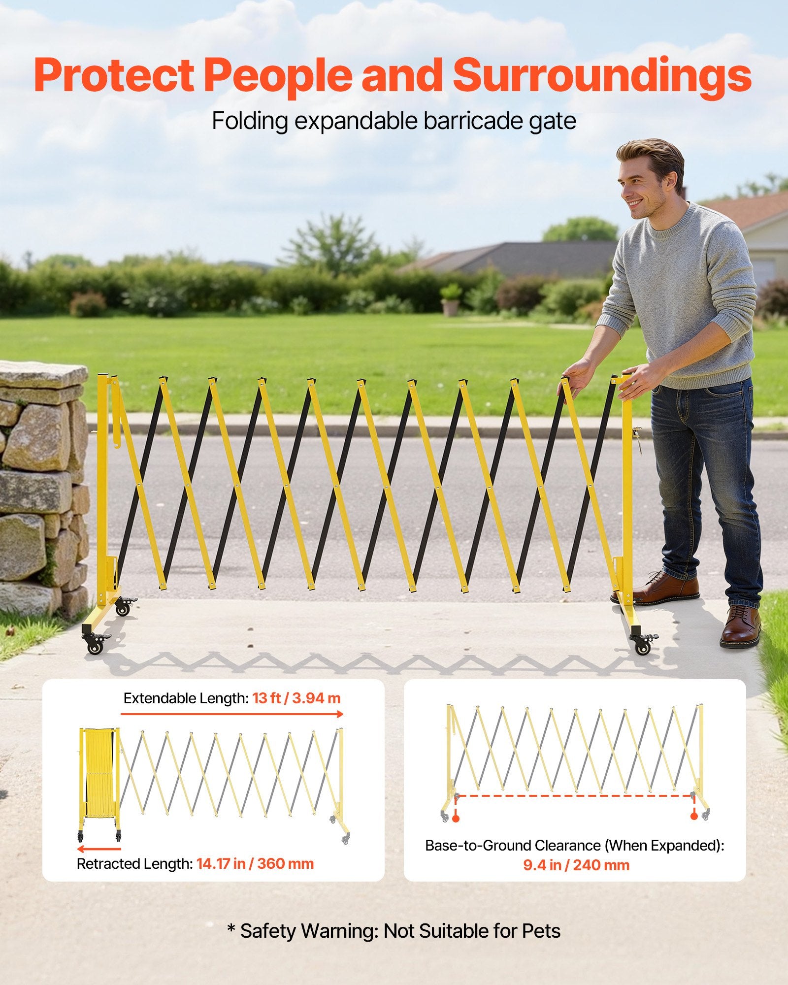 Industrial Expandable Barricade, 13FT Expandable Safety Barrier, Flaxible Mobile Barricade With Locking Casters, Portable Folding Security Gate Traffic Fence For Driveway Warehouse Elevator