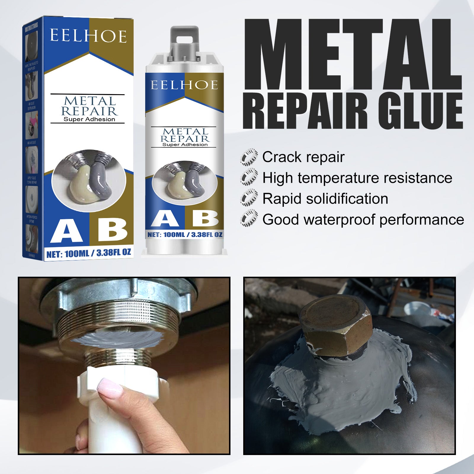 EELHOE Metal Ab Casting Adhesive (50ml)  Metal Repair Agent for Filling Cracks, Sealing Leaks, Quick-Drying Cracks and High-Temperature Resistant Welding