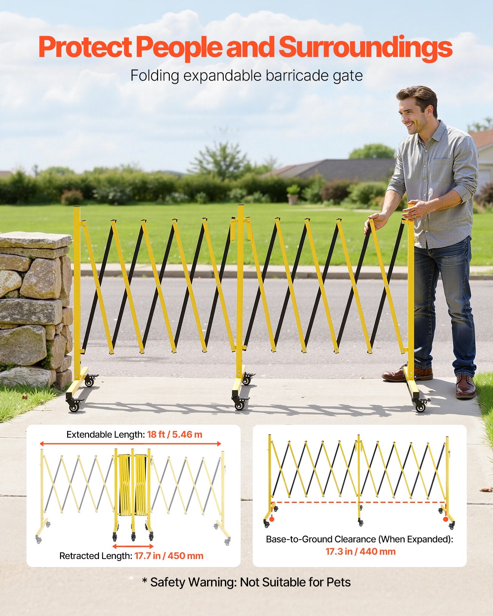 Double Expandable Barricades, 18FT Industrial Safety Barriers, Flexible Mobile Barricade With Locking Casters, Portable Folding Security Gate Metal Traffic Fence For Driveway Warehouse Elevator
