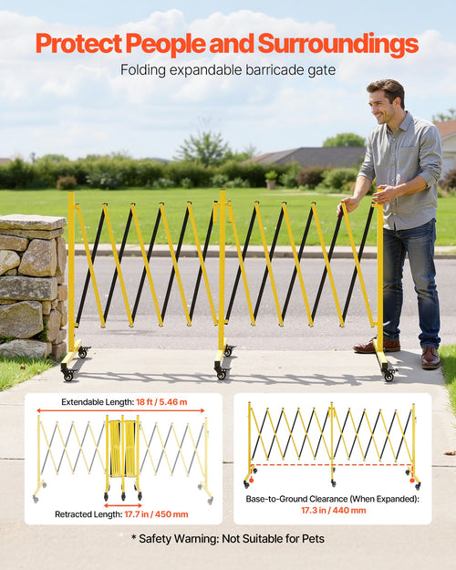 Double Expandable Barricades, 18FT Industrial Safety Barriers, Flexible Mobile Barricade With Locking Casters, Portable Folding Security Gate Metal Traffic Fence For Driveway Warehouse Elevator