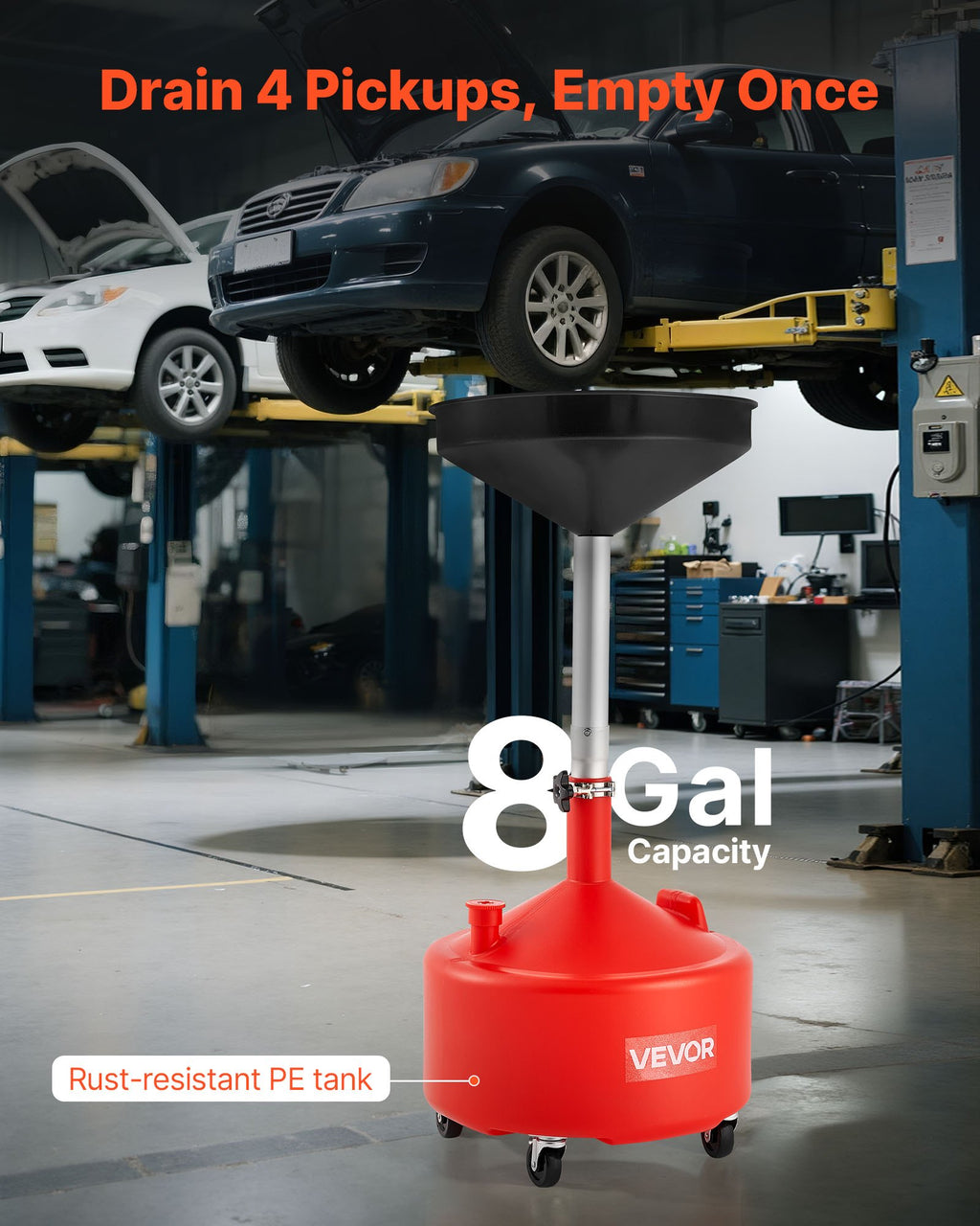 8 Gallon Waste Oil Drain Tank, Industrial Fluid Drain Tank With Adjustable Funnel Height, Portable Oil Drainer With Wheels, Fluid Fuel Transfer Drainage For Auto Repair Shops, Garages, Red