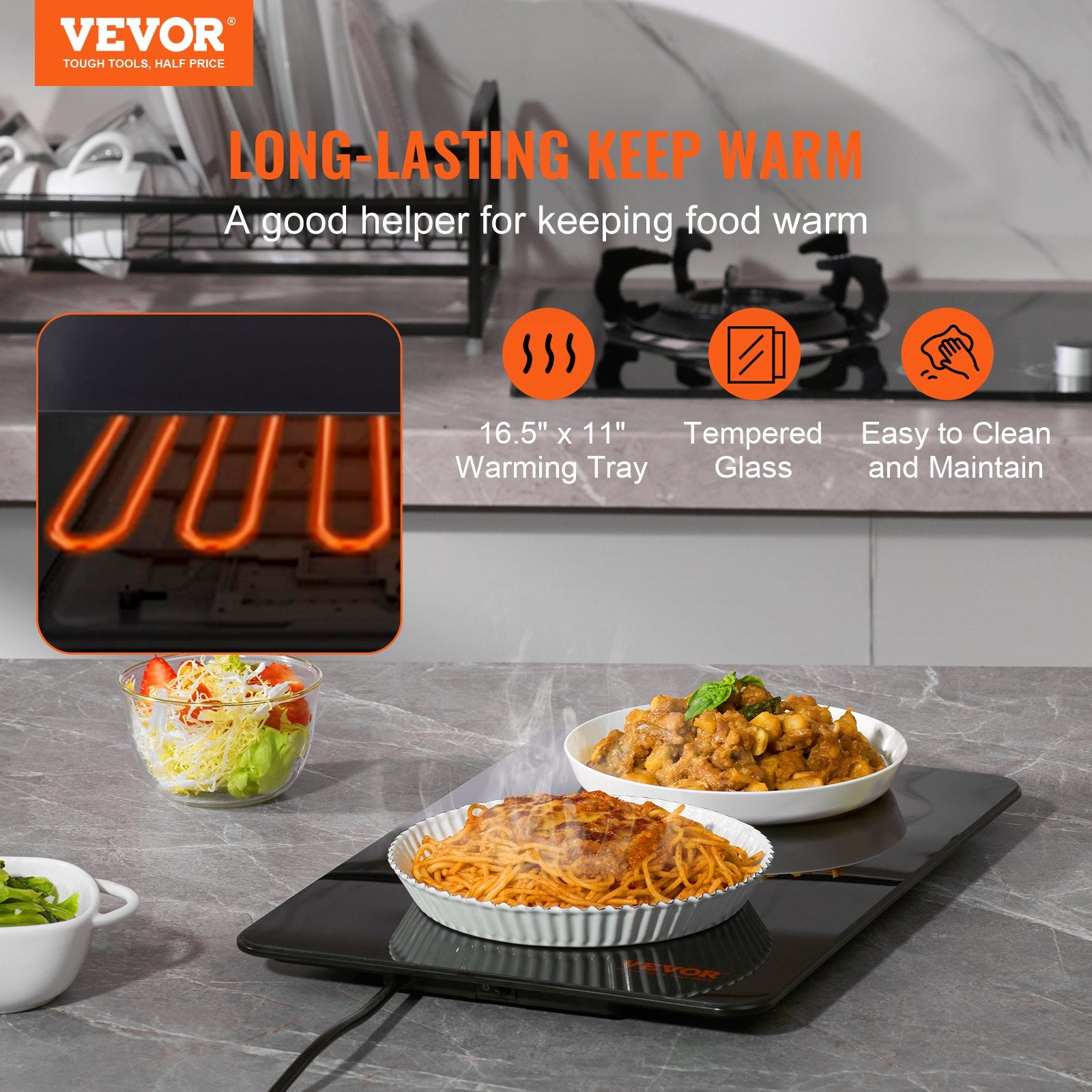 VEVOR Electric Warming Tray, Portable Tempered Glass Heating Tray, Perfect For Dinner, Catering, House, Parties, Events, Entertaining And Holiday, Black