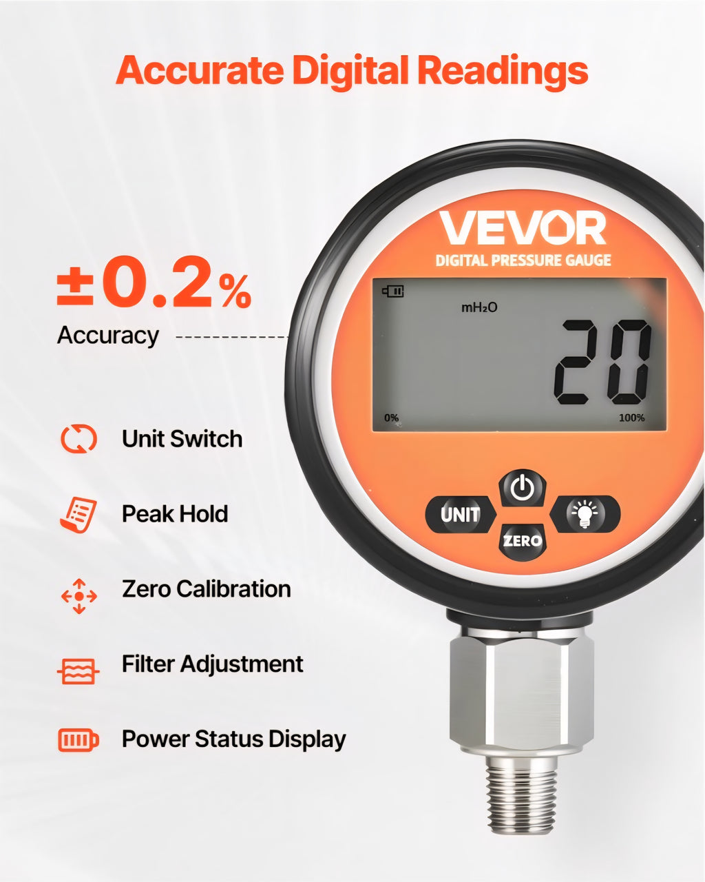 VEVOR Digital Hydraulic Pressure Gauge, 0-10000 PSI (0-700 Bar) Hydraulic Pressure Sensor, Manometer Tester with 1/4 inch NPT Base Entry for Excavator Construction Machinery, Stainless Steel Housing