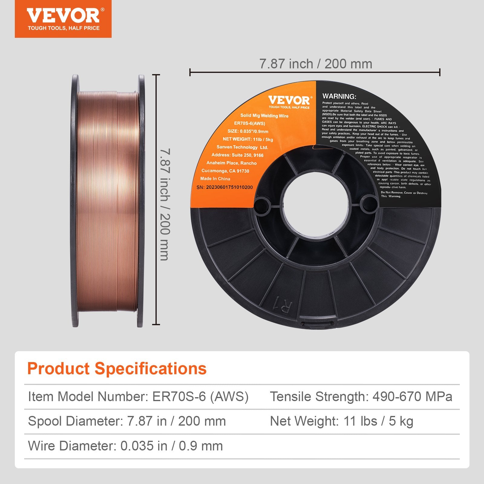 VEVOR Solid MIG Welding Wire ER70S-6 0.035inch 11LBS Mild Steel MIG Welding Wire