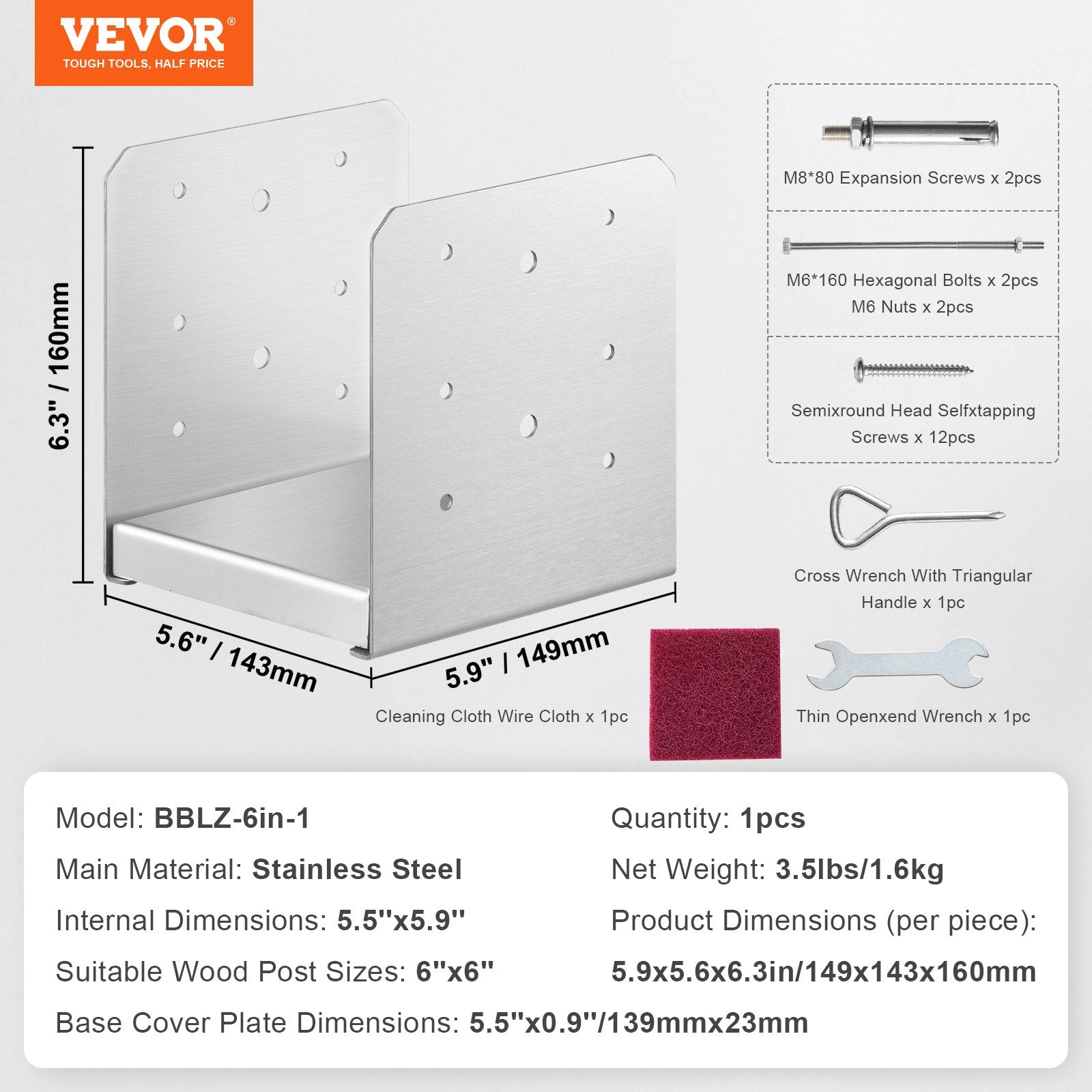VEVOR 6x 6 Post Base, 1Pcs Stainless Steel Adjustable Post Anchor BracketInternal 5.9 X 5.5 , Adjustable Post Base For Pavilion Deck Porch Handrail Railing Support Decorative Anchor Plate