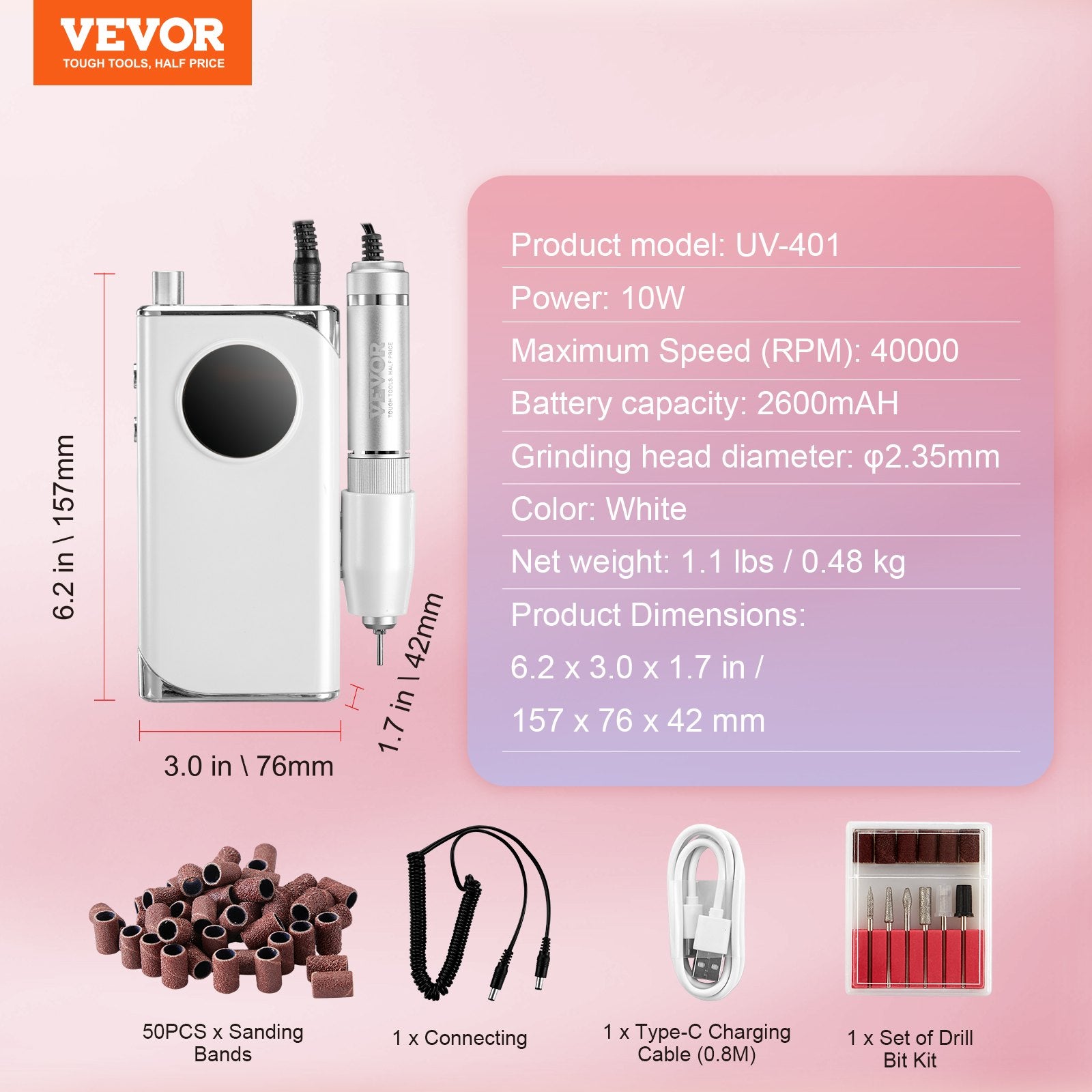 VEVOR Electric Rechargeable Nail Drill, 40,000RPM Portable Cordless Nail E File Machine, LCD-Display Acrylic Gel Grinder Tool With 6 Bits And 50PCS Sanding Bands For Manicure Pedicure Carve Polish