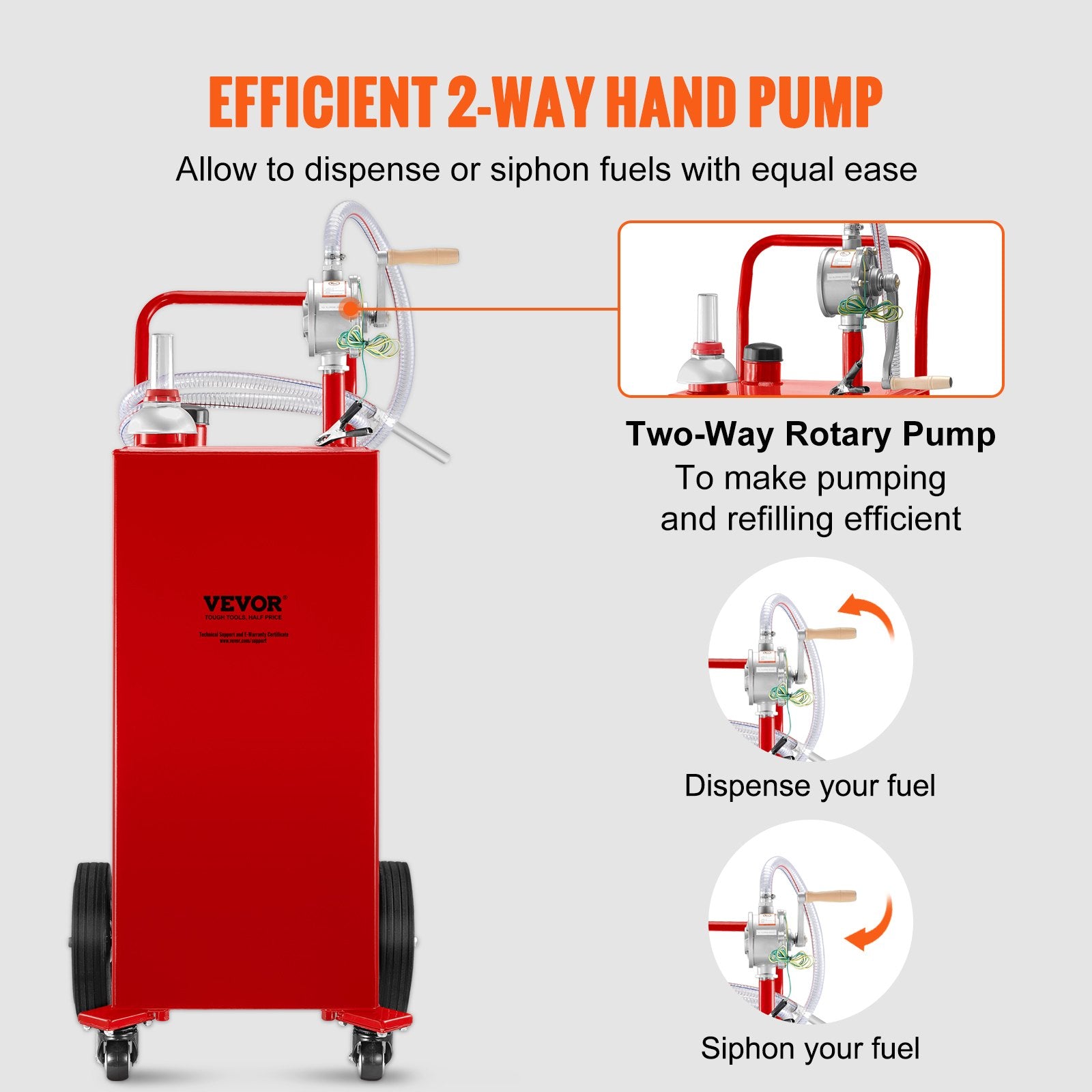 VEVOR Fuel Caddy, 35 Gallon, Gas Storage Tank On 4 Wheels, With Manuel Transfer Pump, GasolineFuel Container For Cars, Lawn Mowers, ATVs, Boats, More, Red