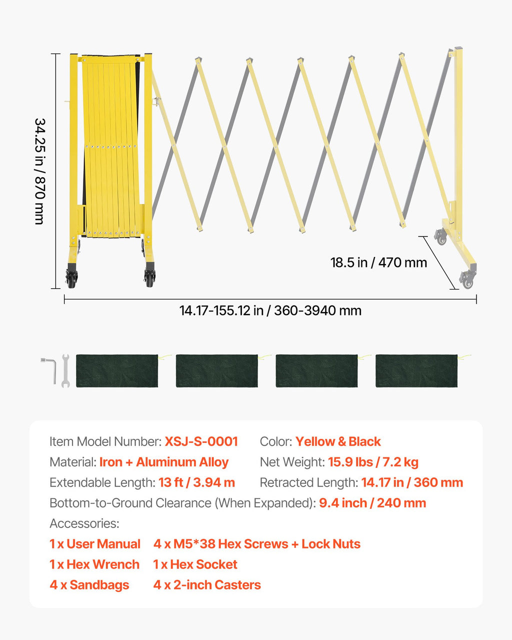 Industrial Expandable Barricade, 13FT Expandable Safety Barrier, Flaxible Mobile Barricade With Locking Casters, Portable Folding Security Gate Traffic Fence For Driveway Warehouse Elevator