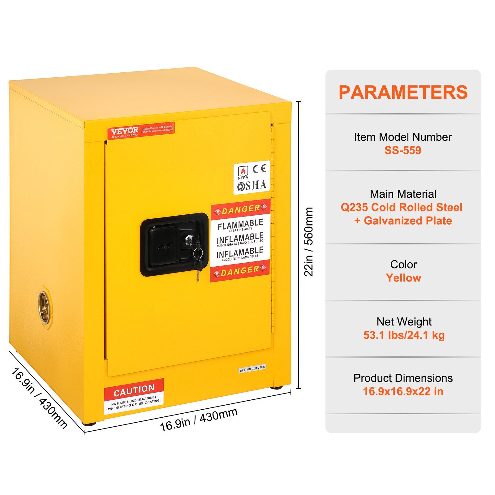 16.9" X 16.9" X 22" Flammable Cabinet Galvanized Steel, Safety Cabinet, Adjustable Shelf Flammable Storage Cabinet, For Commercial Industrial And Home Use