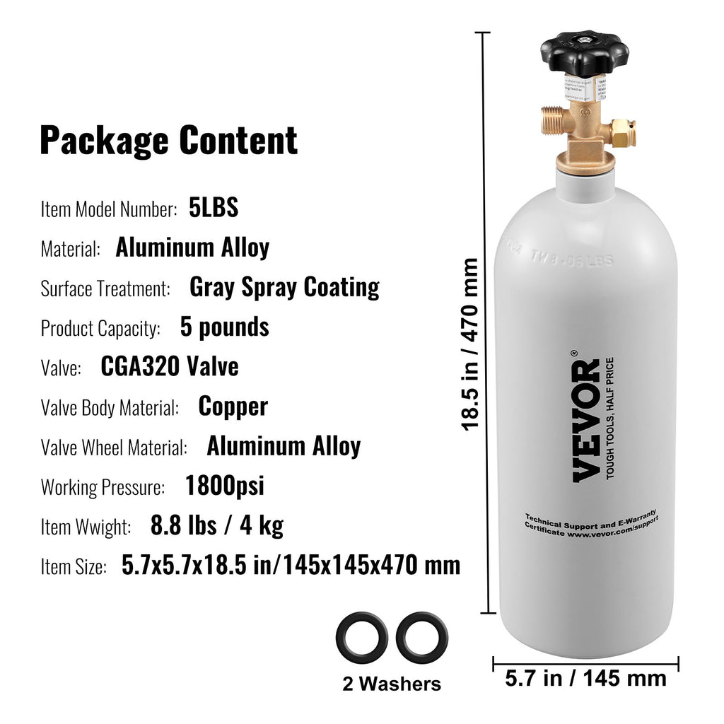 VEVOR 5 Lbs CO2 Tank Aluminum Gas Cylinder, Brand New CO2 Cylinder With Gray Spray Coating, CO2 Tank With CGA320 Valve, For Draft Soda Beer