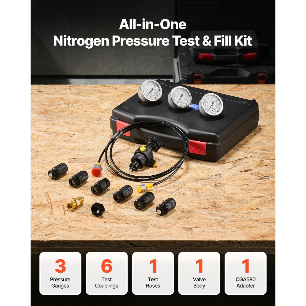 VEVOR Hydraulic Nitrogen Accumulator Charging Kit, All-in-One Nitrogen Fill Kit, Pressure Test System with 3 Gauges (1500, 4000, 6000 PSI), 6 Adapters Couplings, 1 Gas Hose, 1 Valve, 1 CGA580 Adapter